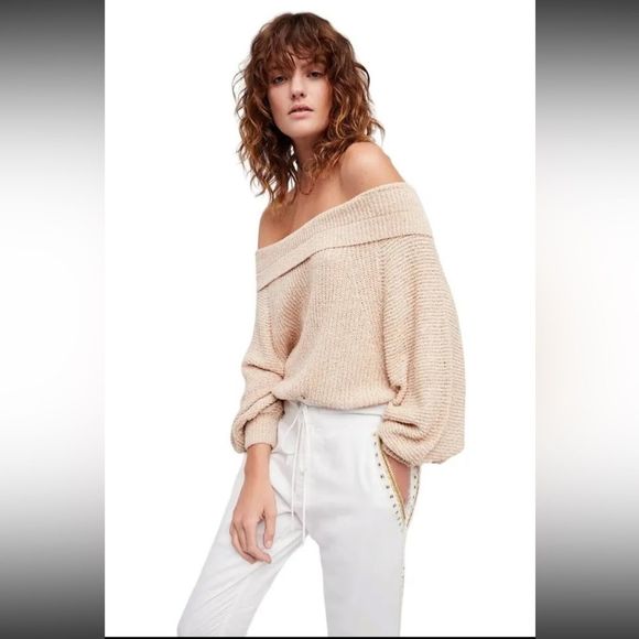 Free People Edessa Pullover Sweater Off the Shoulder Tan Beige Sz S - Picture 1 of 9